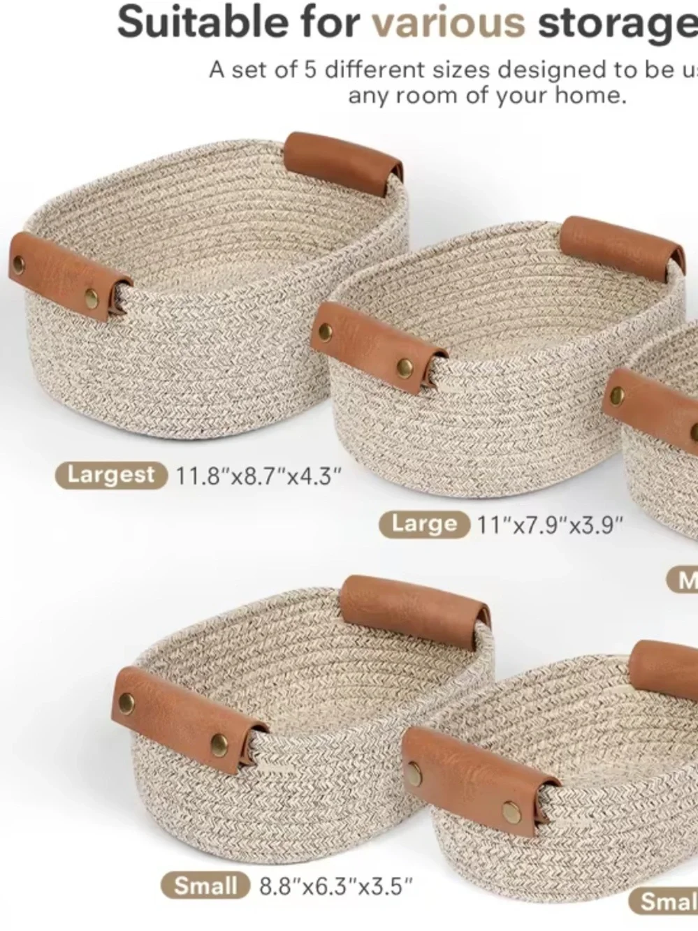 5 PIECE SET NEUTRAL LINEN WOVEN  STORAGE  BASKETS with FAUX LEATHER  HANDLES NIB